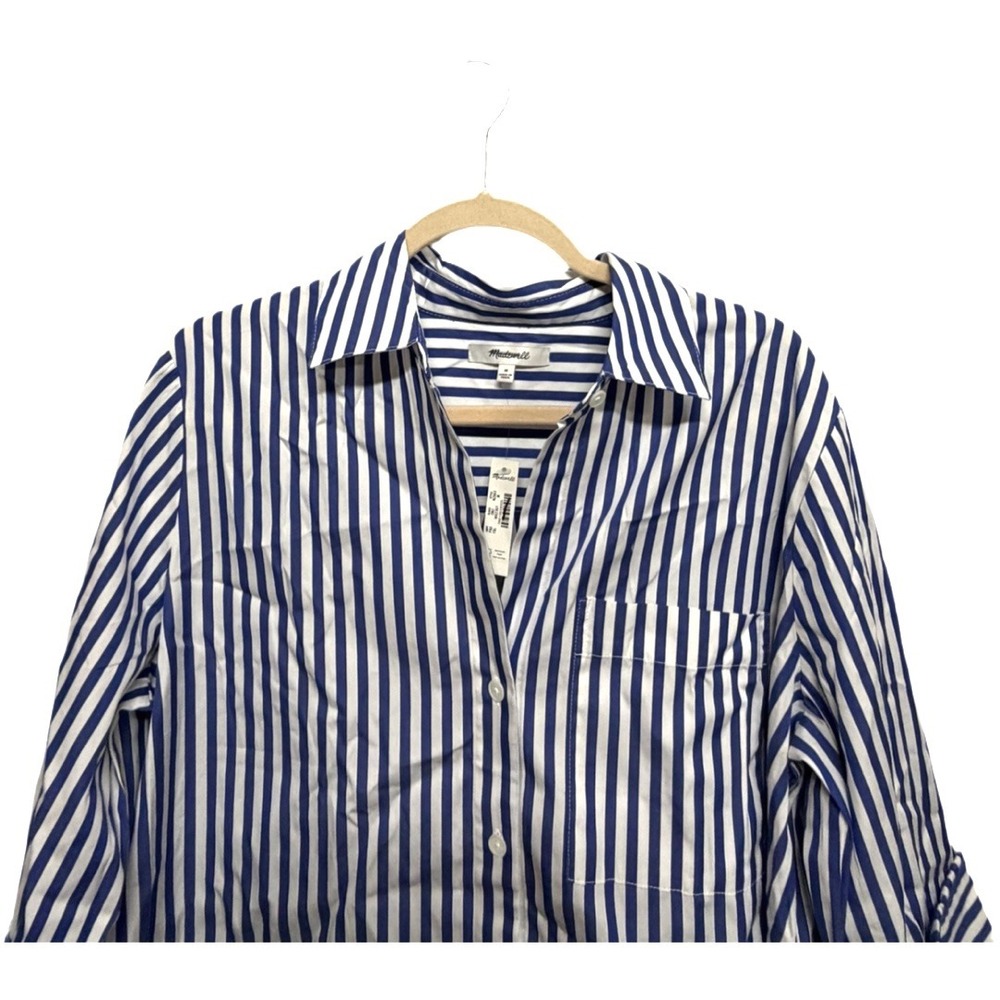Madewell NZ863 Blue White Striped Button Front Shirt Medium NWT 100% Cotton Top - Picture 2 of 7